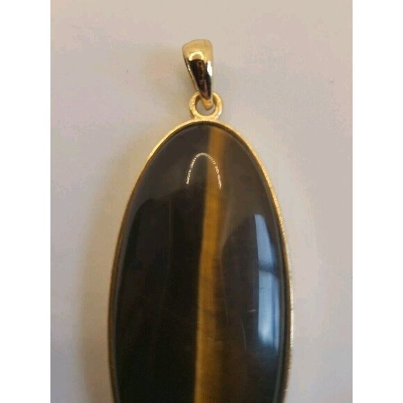 Tiger’s Eye Natural Stone Pendant Handmade Oval Shiny Gold Tone Setting - Picture 4 of 12